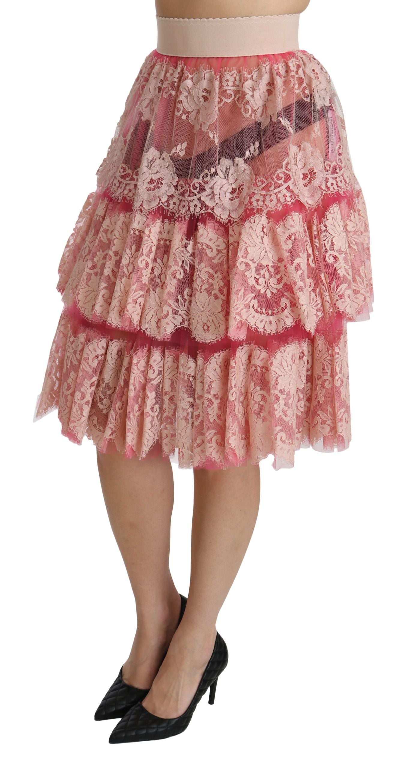 Jupe rose en dentelle superposée taille haute longueur genou Dolce & Gabbana