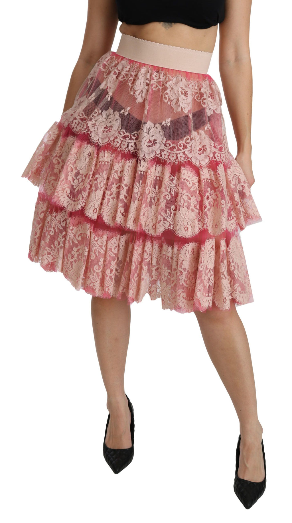 Jupe rose en dentelle superposée taille haute longueur genou Dolce & Gabbana