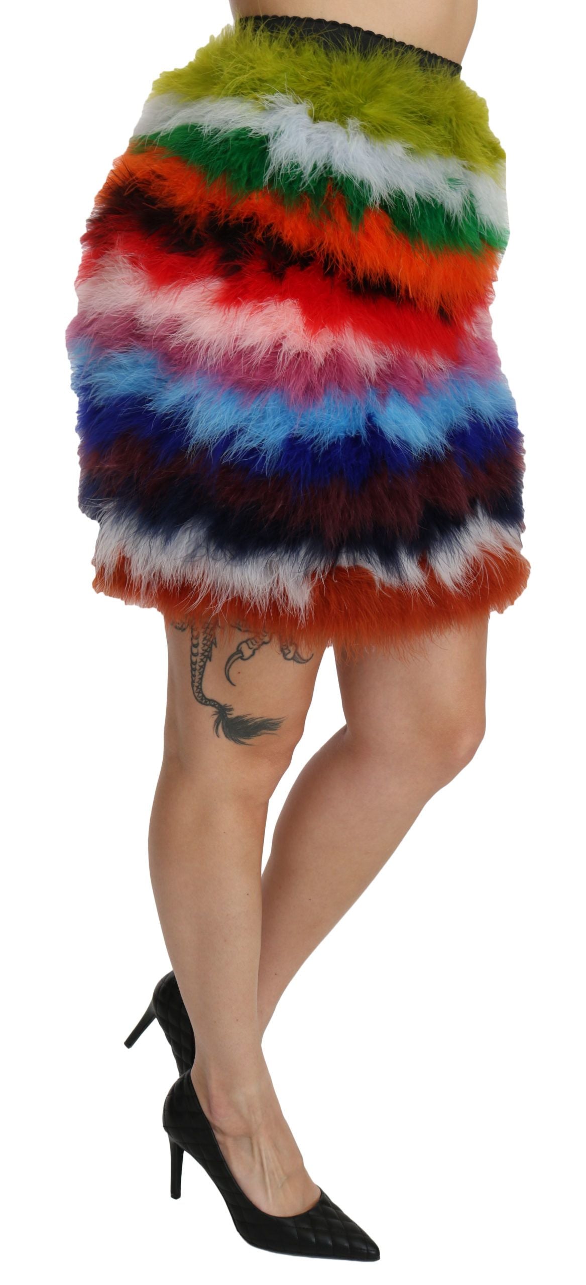 Mini-jupe en plumes taille haute rouge et bleue Dolce & Gabbana