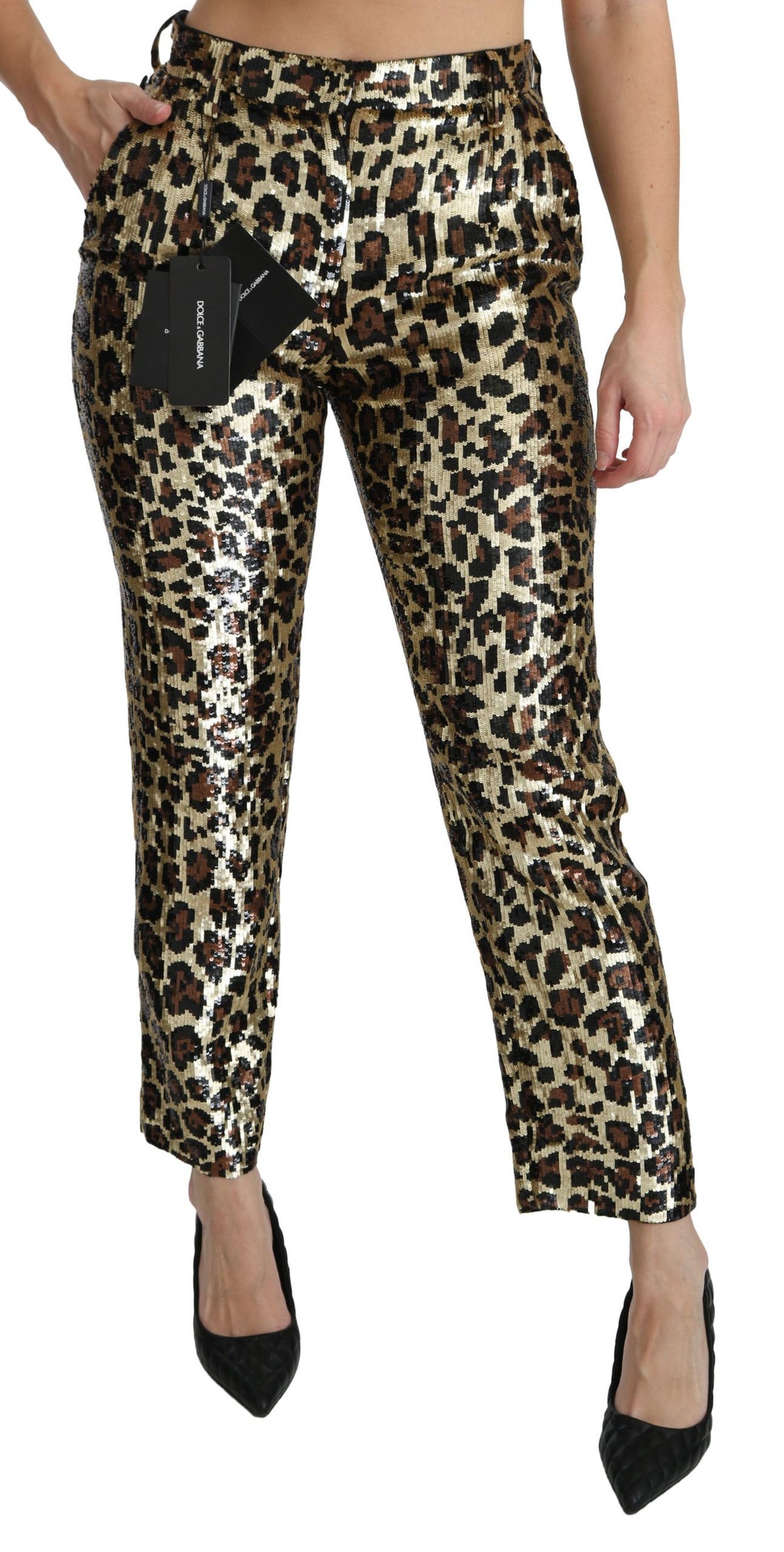 Pantalon taille haute léopard à sequins marron Dolce & Gabbana
