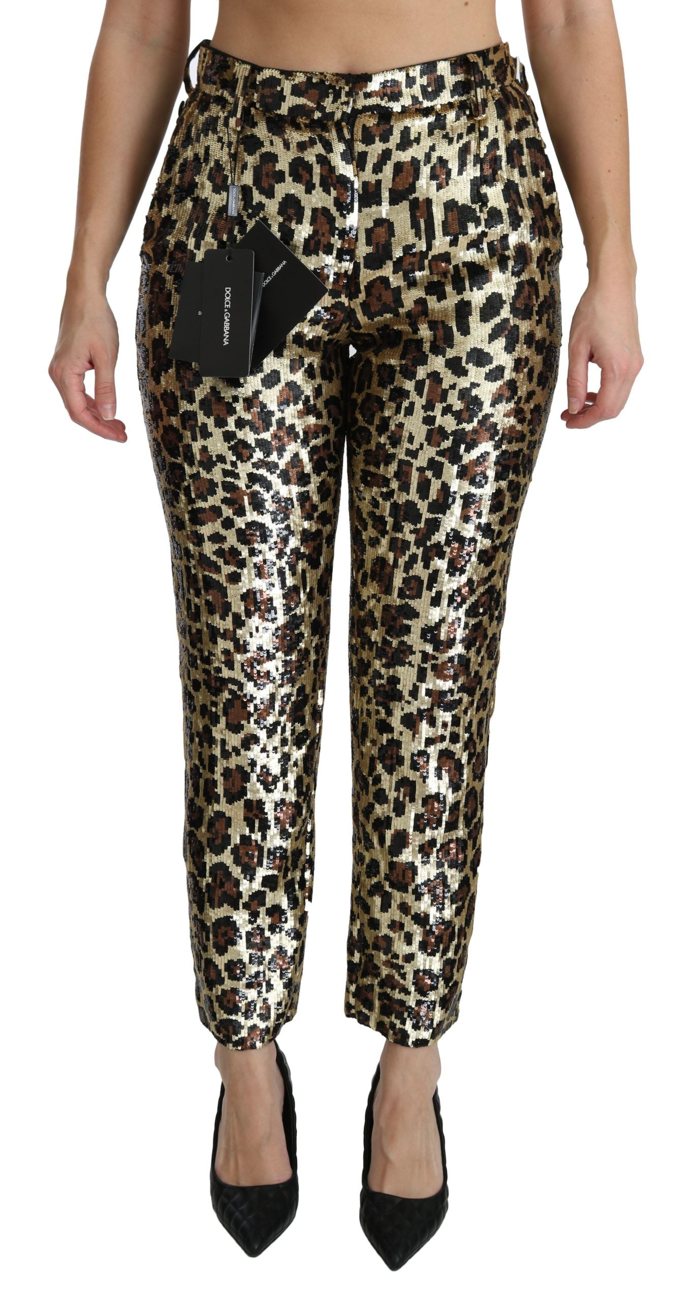 Pantalon taille haute léopard à sequins marron Dolce & Gabbana