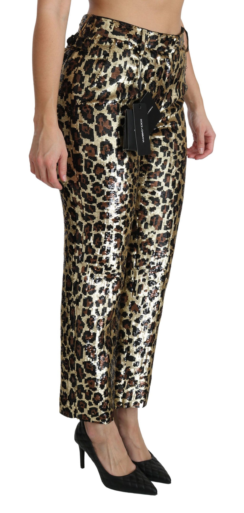 Pantalon taille haute léopard à sequins marron Dolce & Gabbana