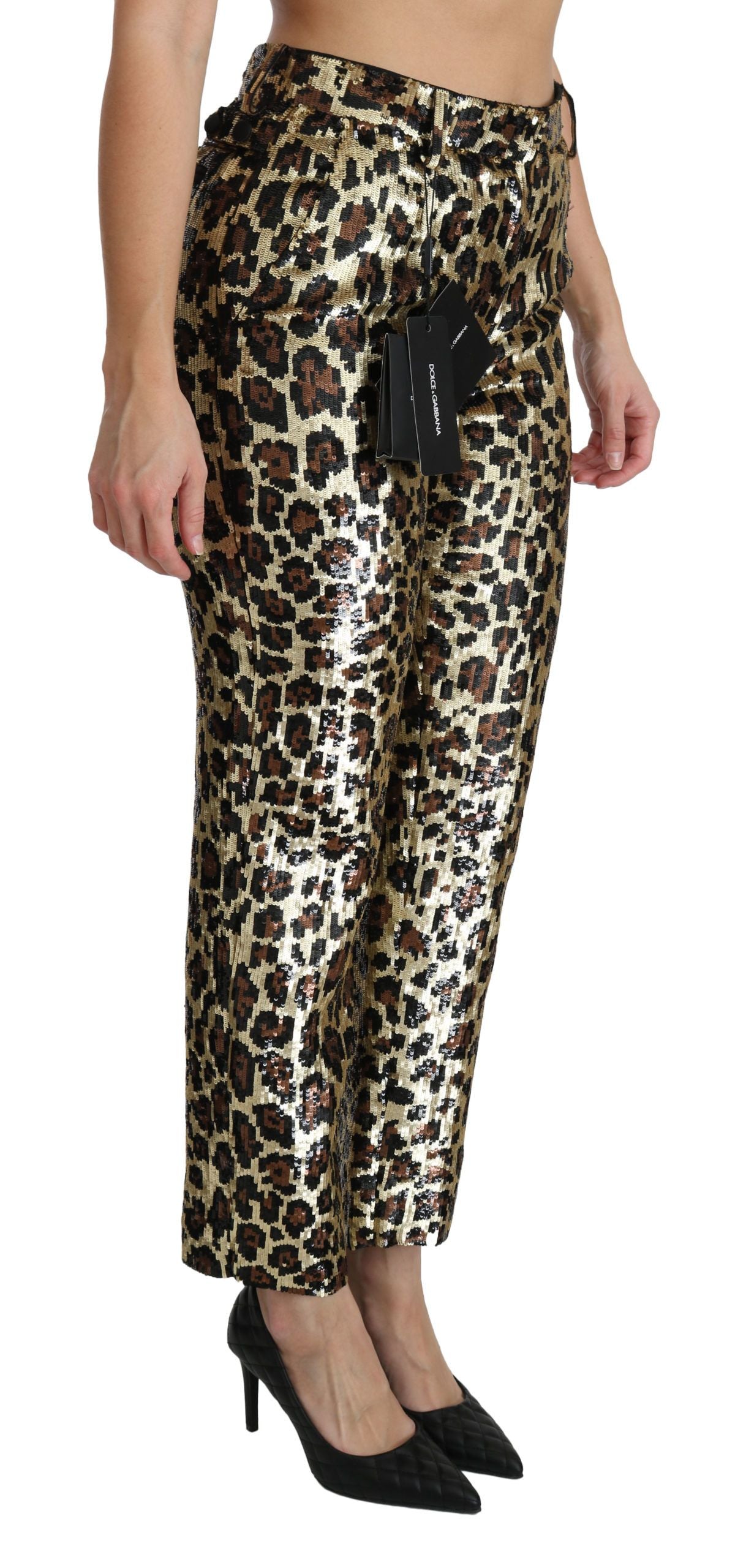 Pantalon taille haute léopard à sequins marron Dolce & Gabbana