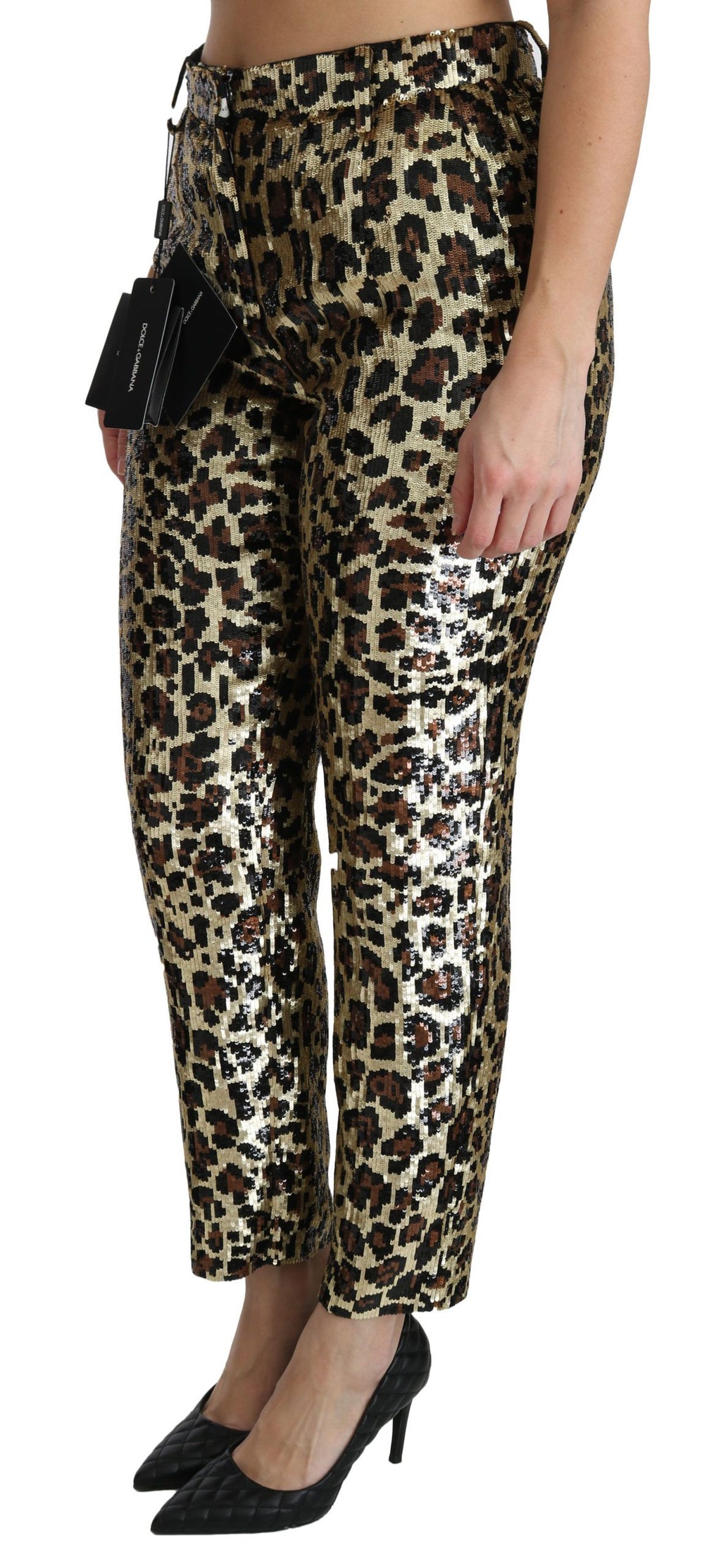 Pantalon taille haute léopard à sequins marron Dolce & Gabbana