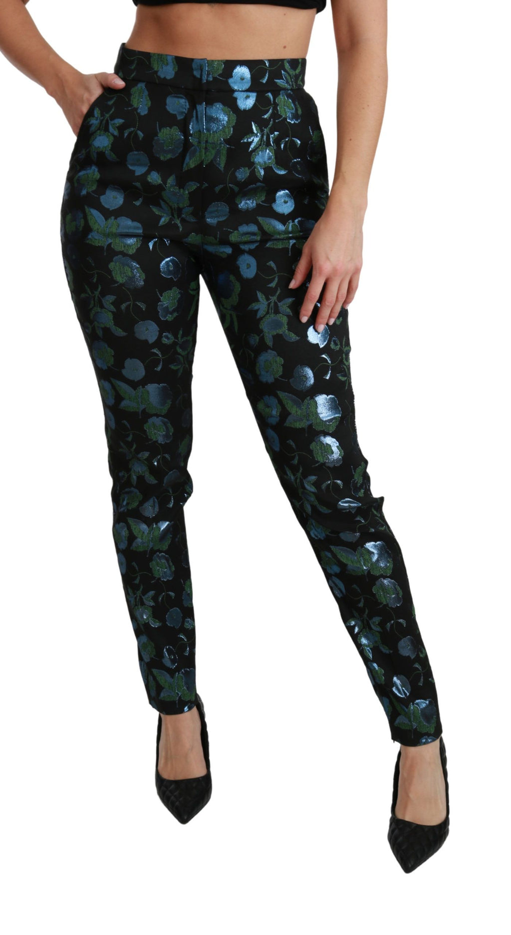 Pantalon Slim Métallisé Fleuri Bleu Vert Dolce & Gabbana