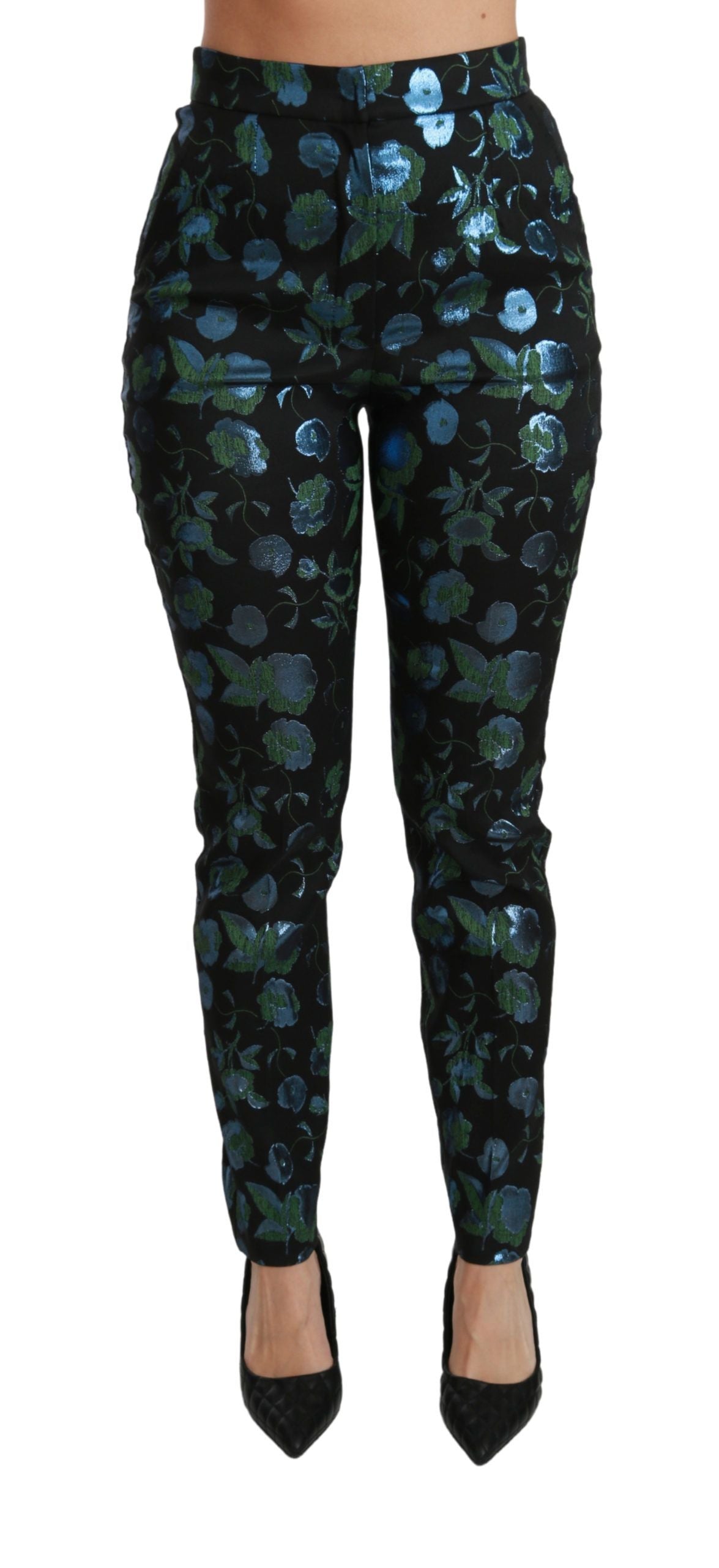 Pantalon Slim Métallisé Fleuri Bleu Vert Dolce & Gabbana