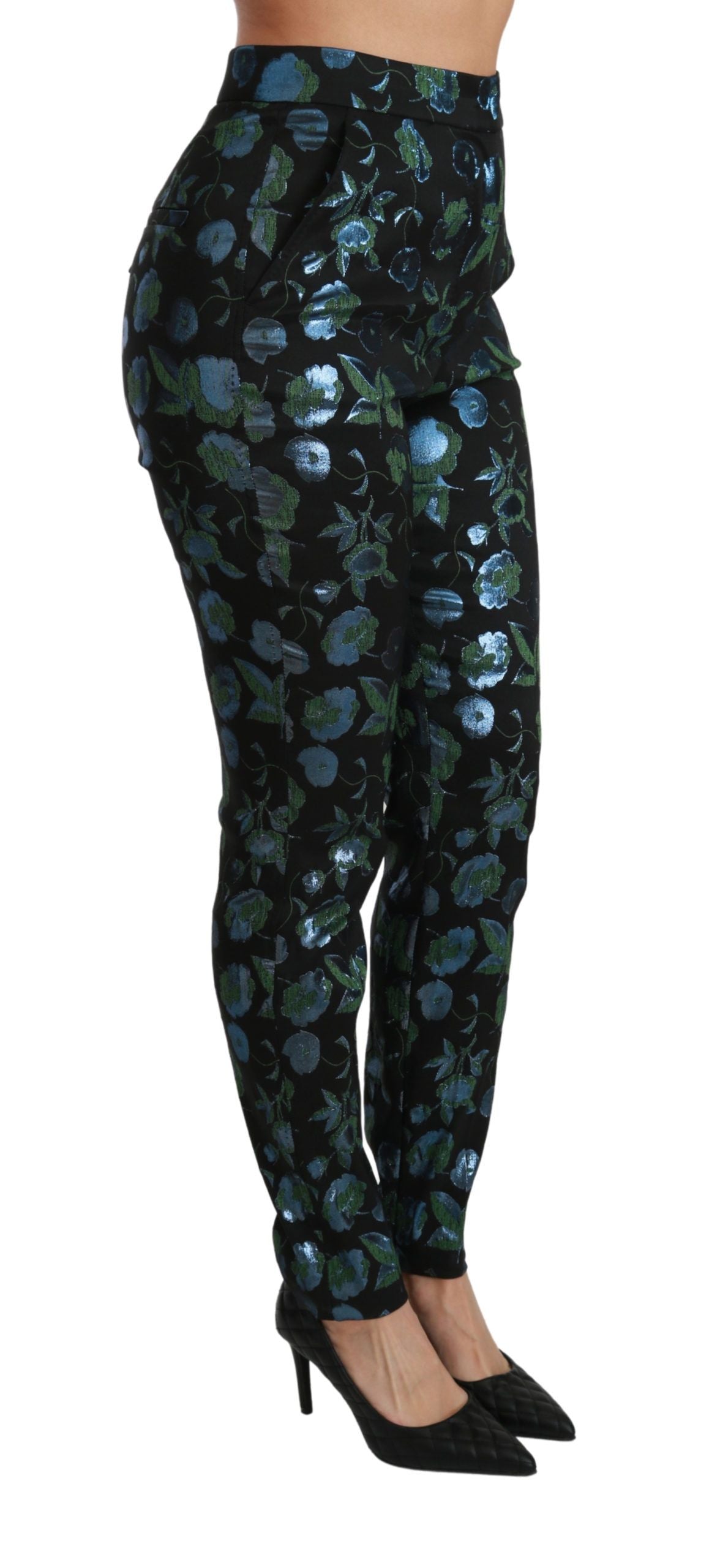 Pantalon Slim Métallisé Fleuri Bleu Vert Dolce & Gabbana