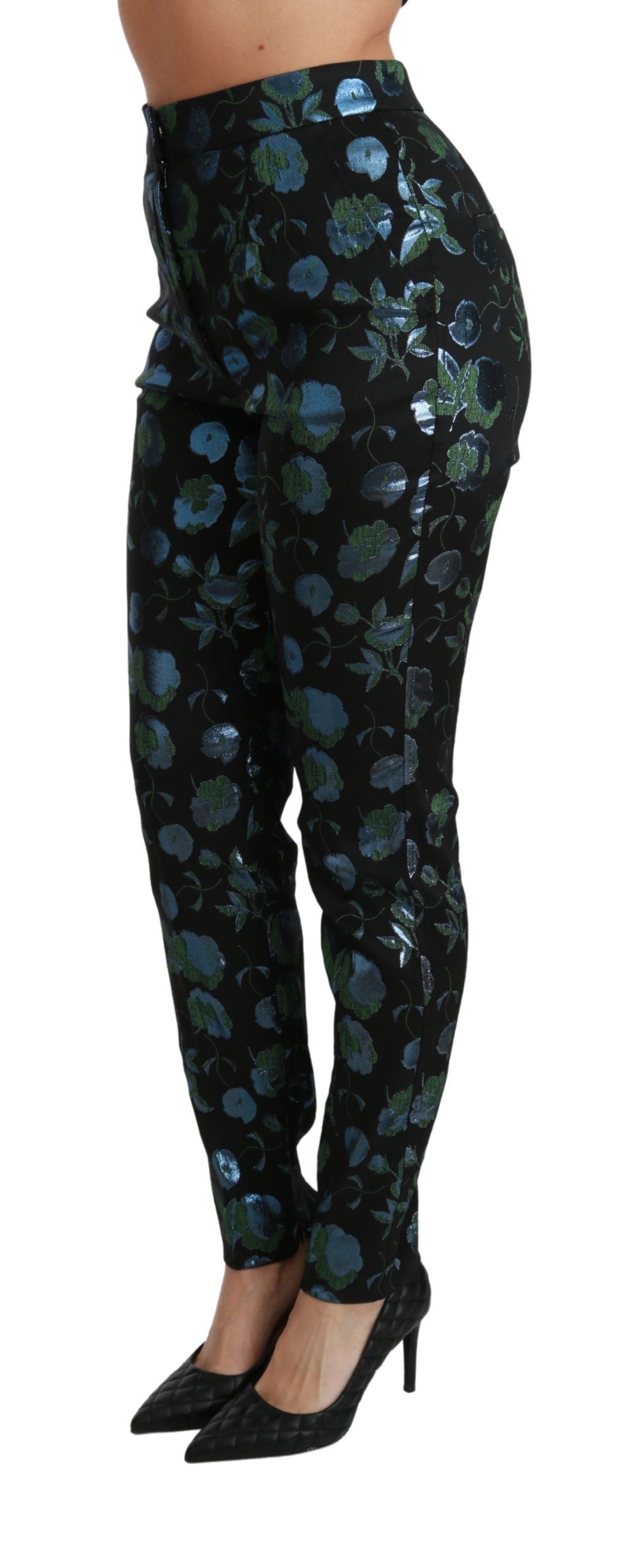 Pantalon Slim Métallisé Fleuri Bleu Vert Dolce & Gabbana