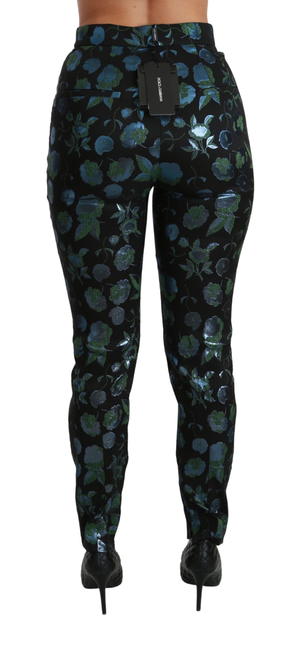Pantalon Slim Métallisé Fleuri Bleu Vert Dolce & Gabbana