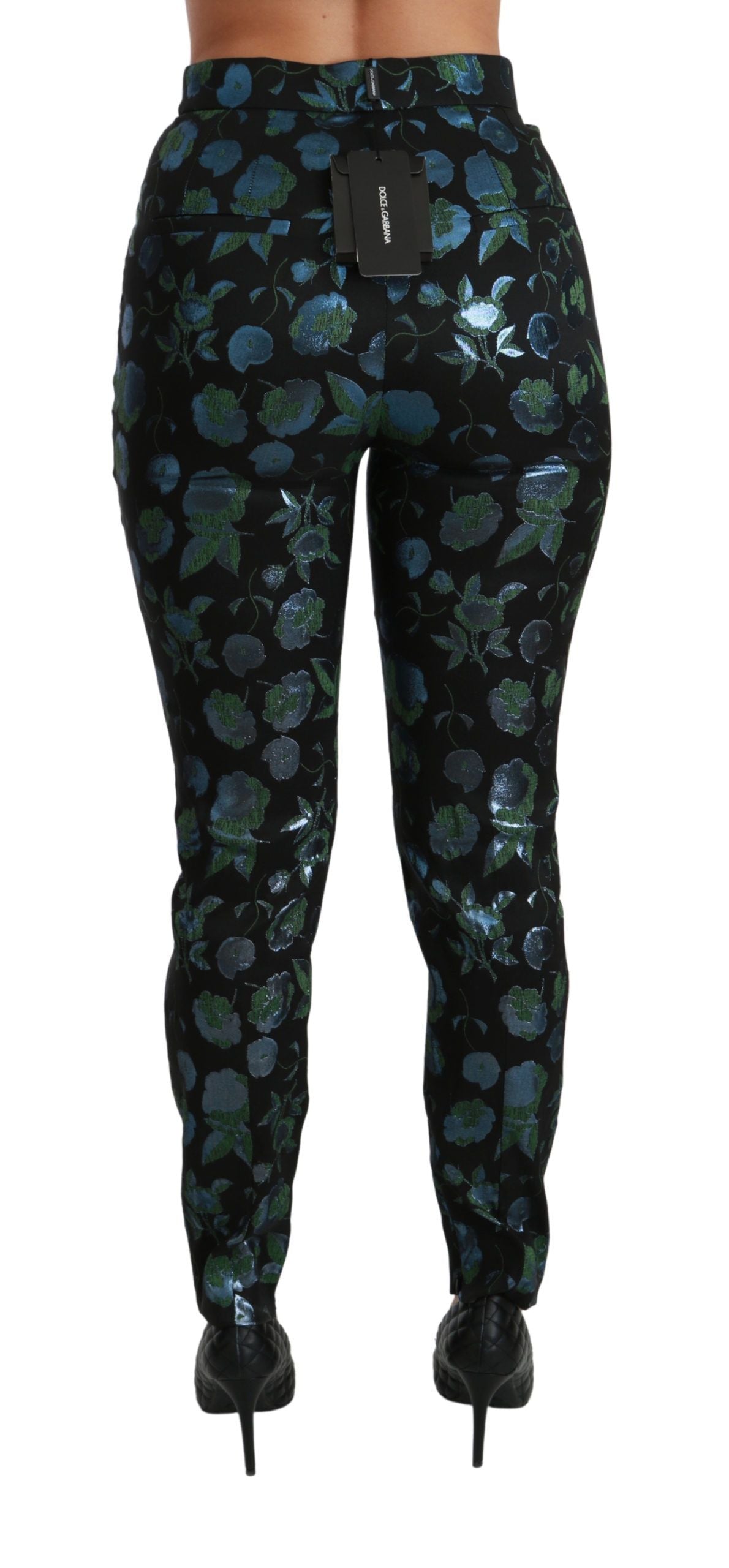 Pantalon Slim Métallisé Fleuri Bleu Vert Dolce & Gabbana