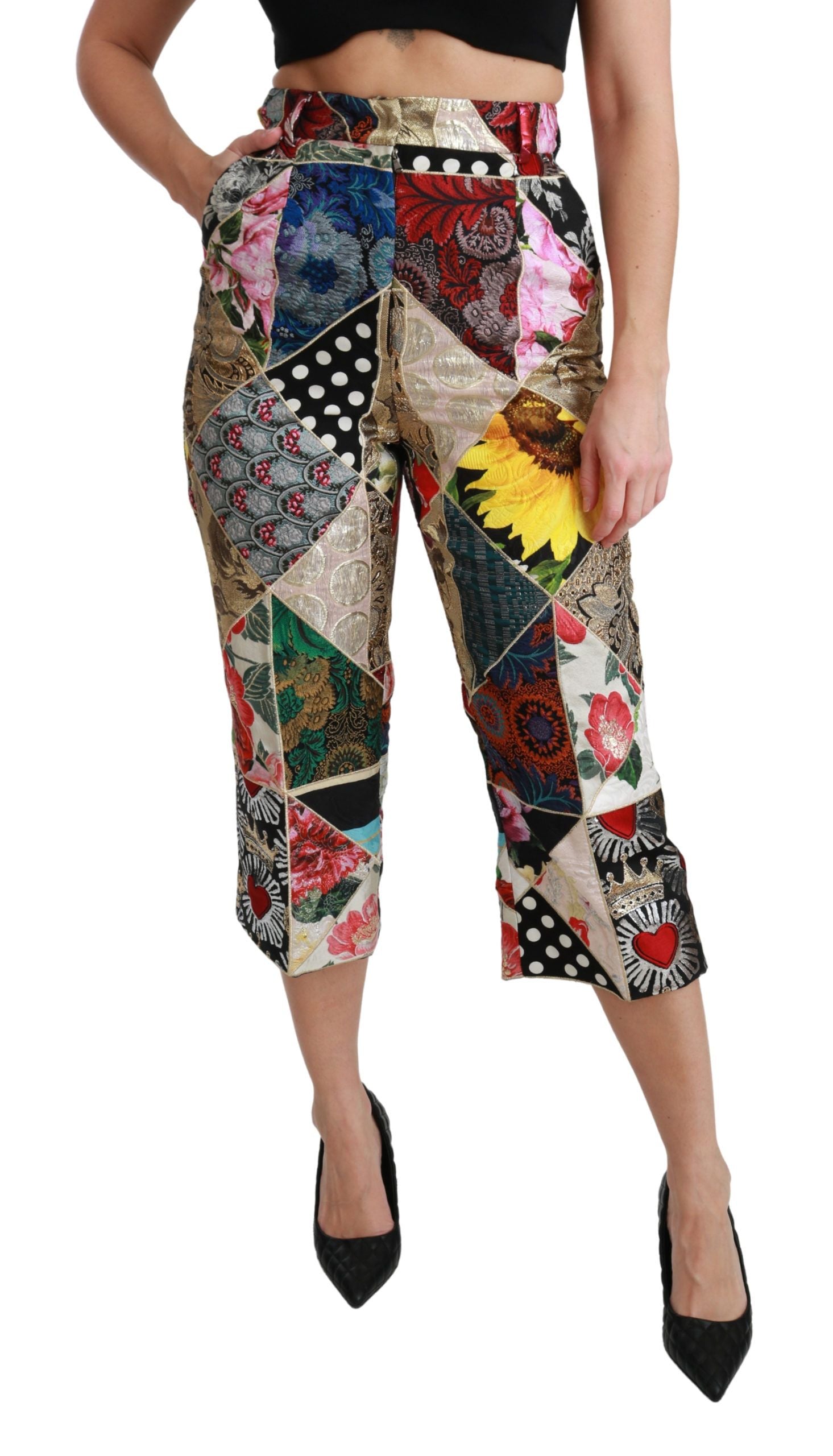 Pantalon Cropped Taille Haute Dolce & Gabbana en Soie Imprimé Multicolore