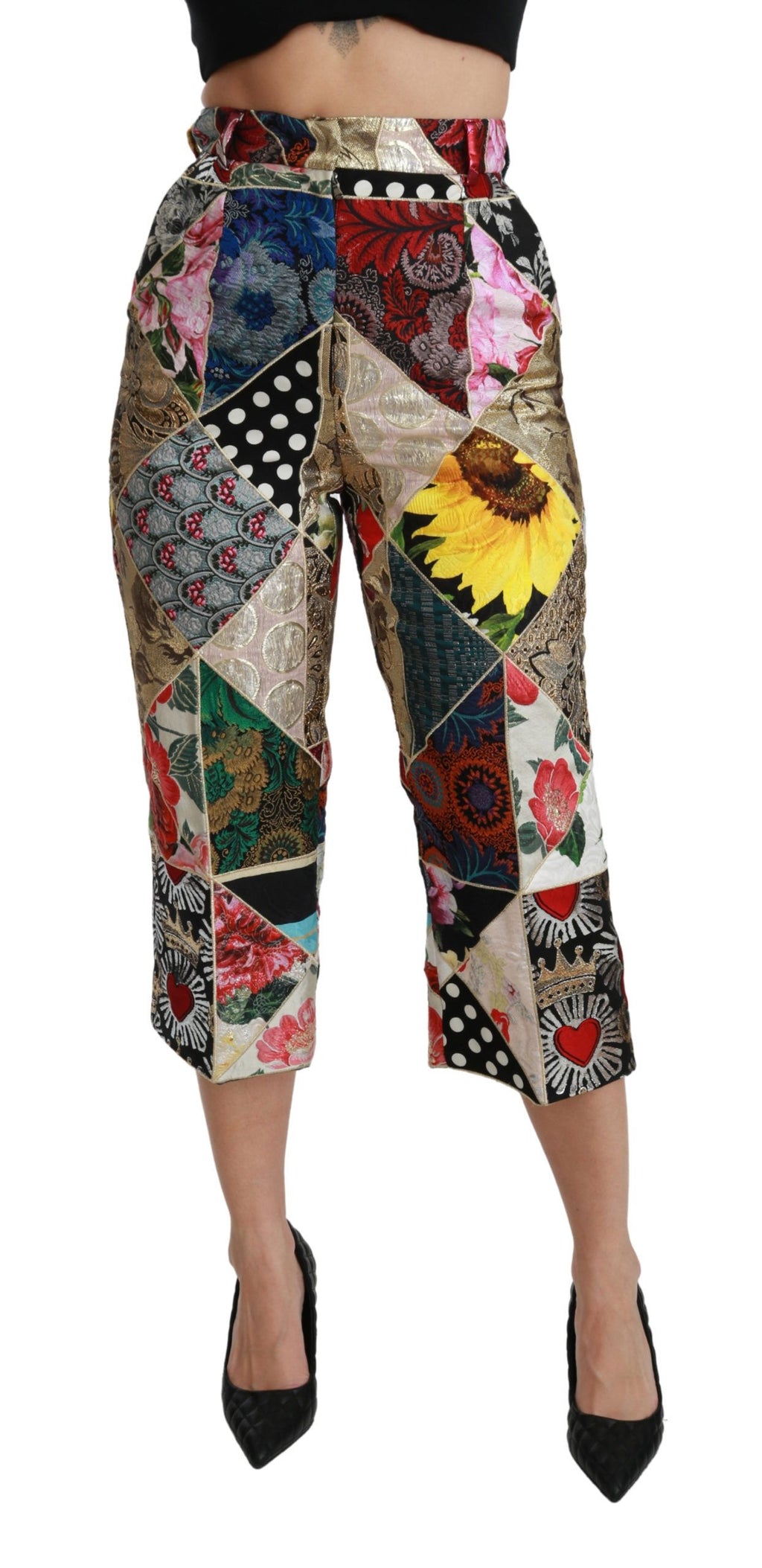 Pantalon Cropped Taille Haute Dolce & Gabbana en Soie Imprimé Multicolore