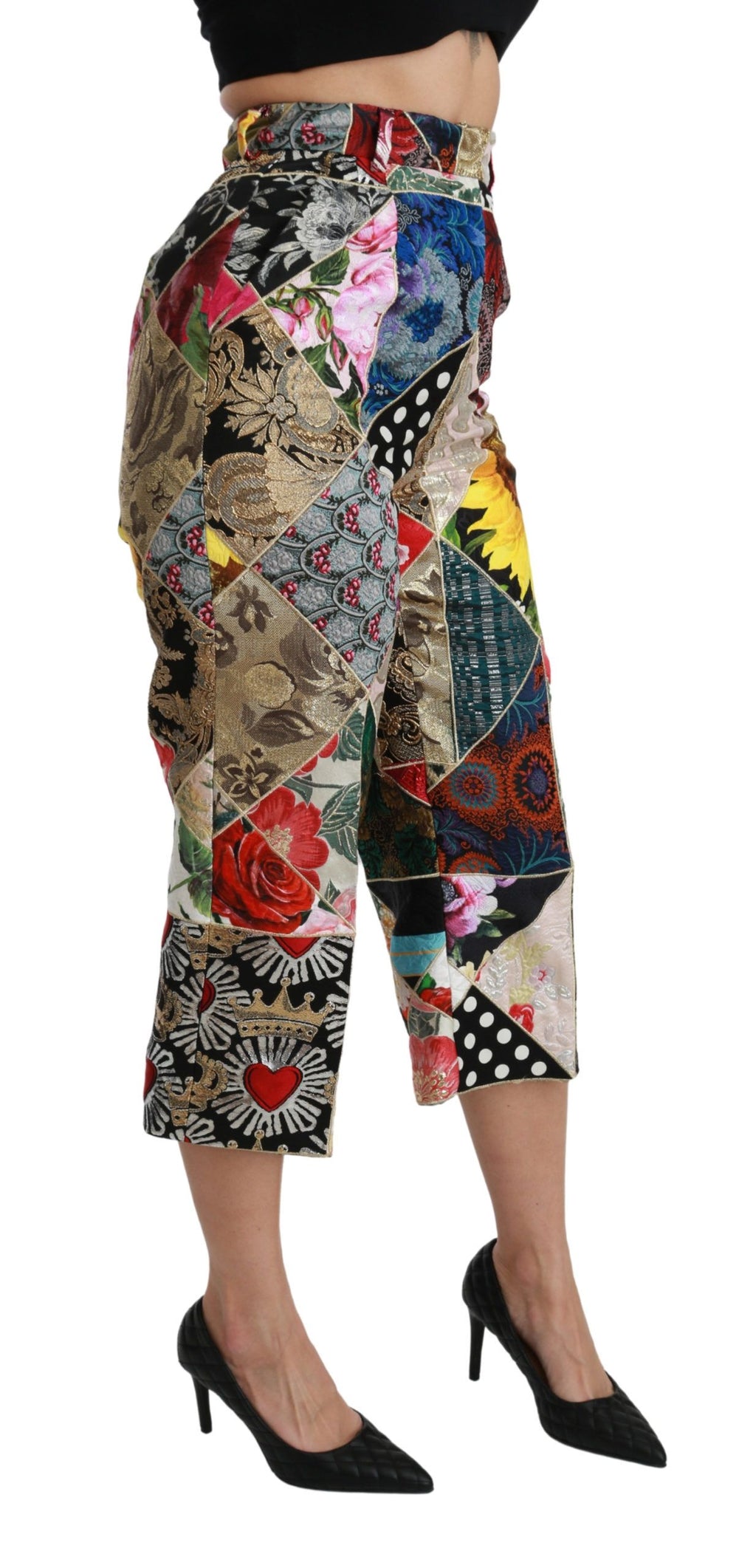 Pantalon Cropped Taille Haute Dolce & Gabbana en Soie Imprimé Multicolore
