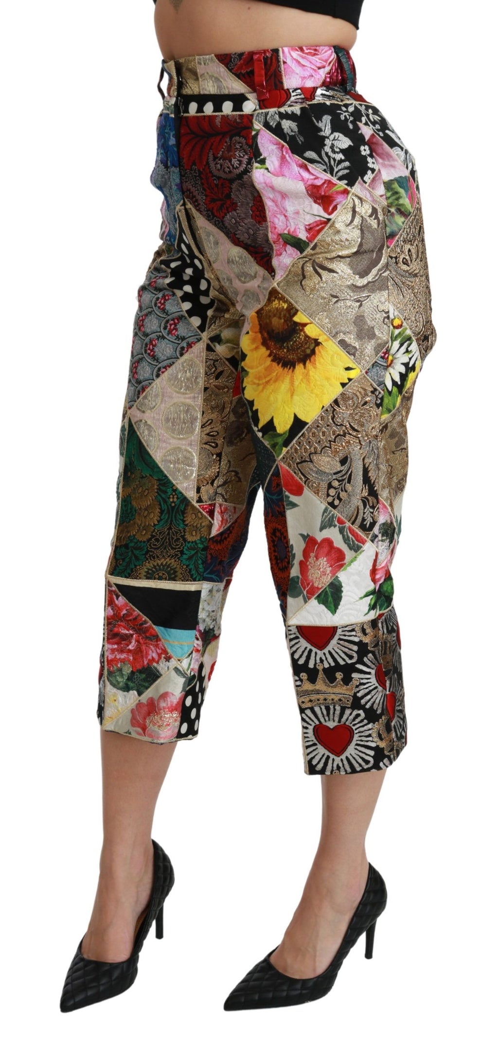 Pantalon Cropped Taille Haute Dolce & Gabbana en Soie Imprimé Multicolore