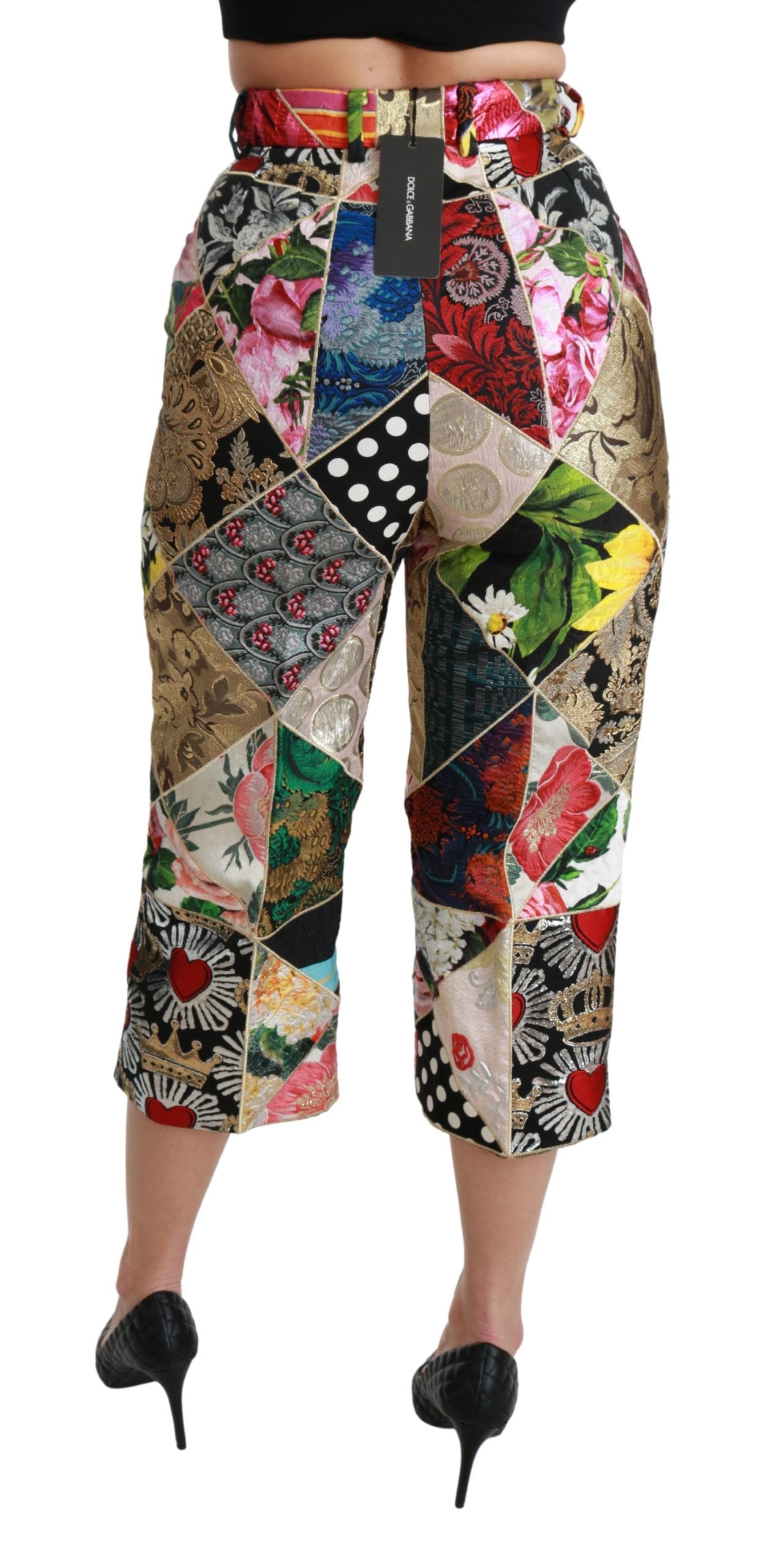 Pantalon Cropped Taille Haute Dolce & Gabbana en Soie Imprimé Multicolore