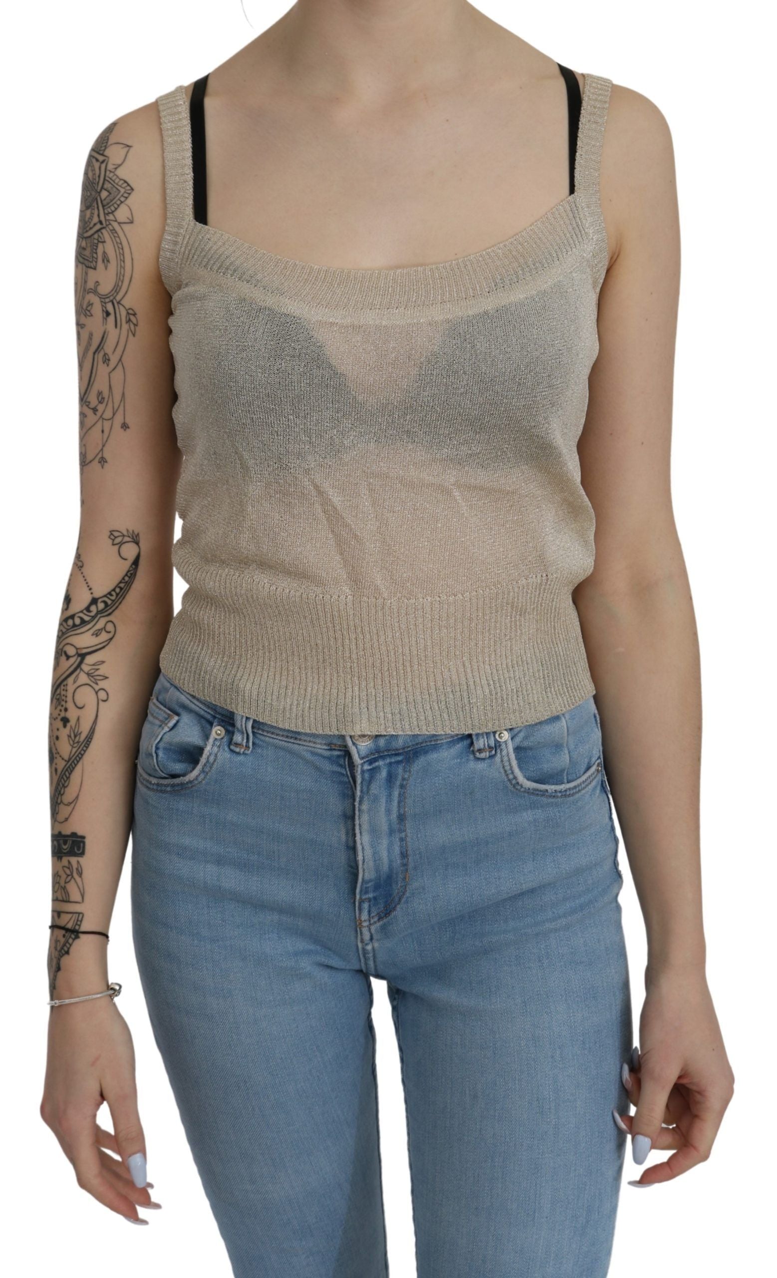 BYBLOS Beiges ärmelloses Spaghettiträger-Tanktop mit durchsichtigem Muster
