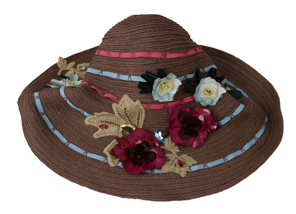 Chapeau de paille souple à large bord floral marron Dolce & Gabbana