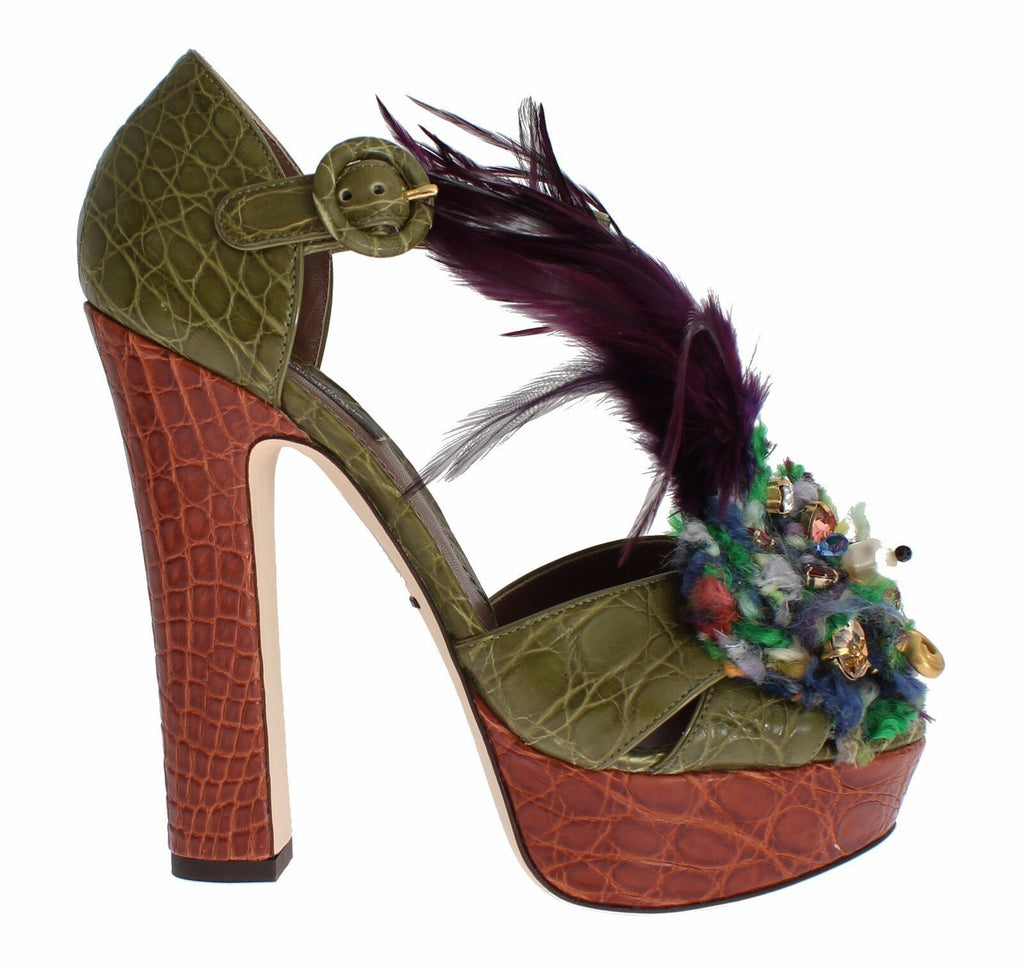 Chaussures sandales à plateforme en cuir vert et cristaux Dolce & Gabbana