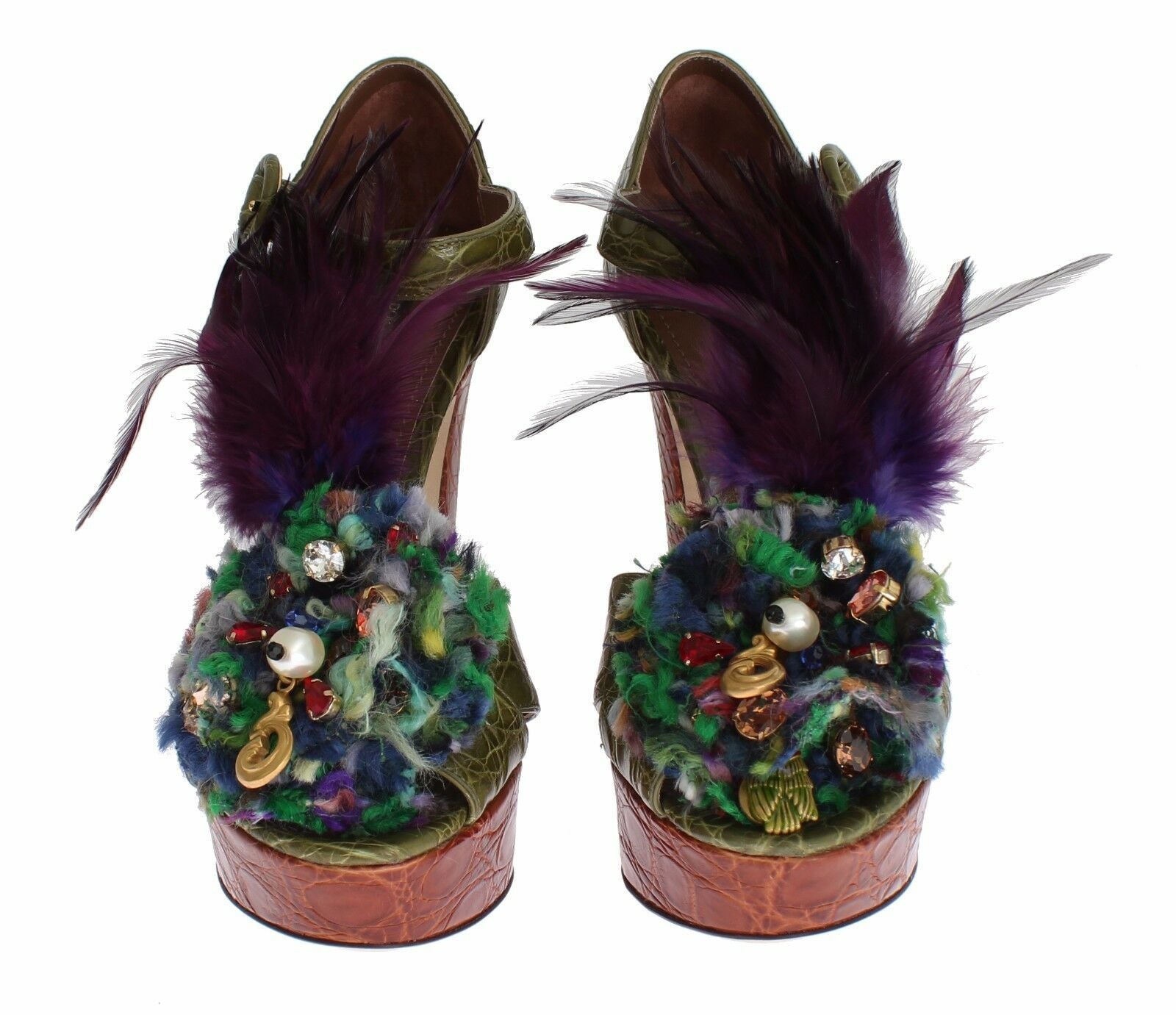 Chaussures sandales à plateforme en cuir vert et cristaux Dolce & Gabbana