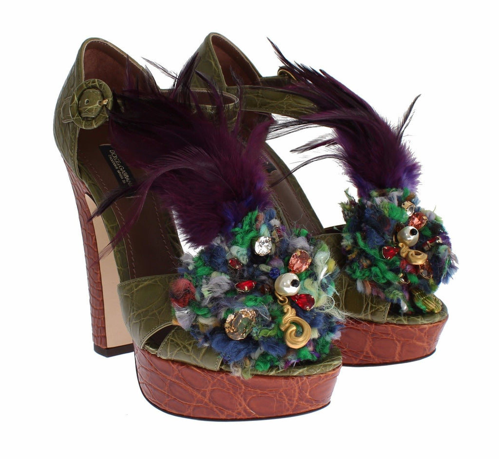 Chaussures sandales à plateforme en cuir vert et cristaux Dolce & Gabbana