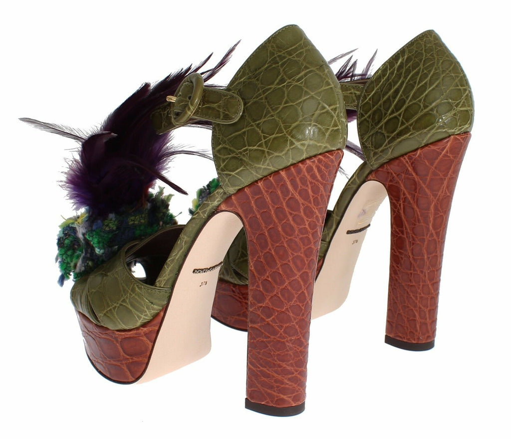 Chaussures sandales à plateforme en cuir vert et cristaux Dolce & Gabbana