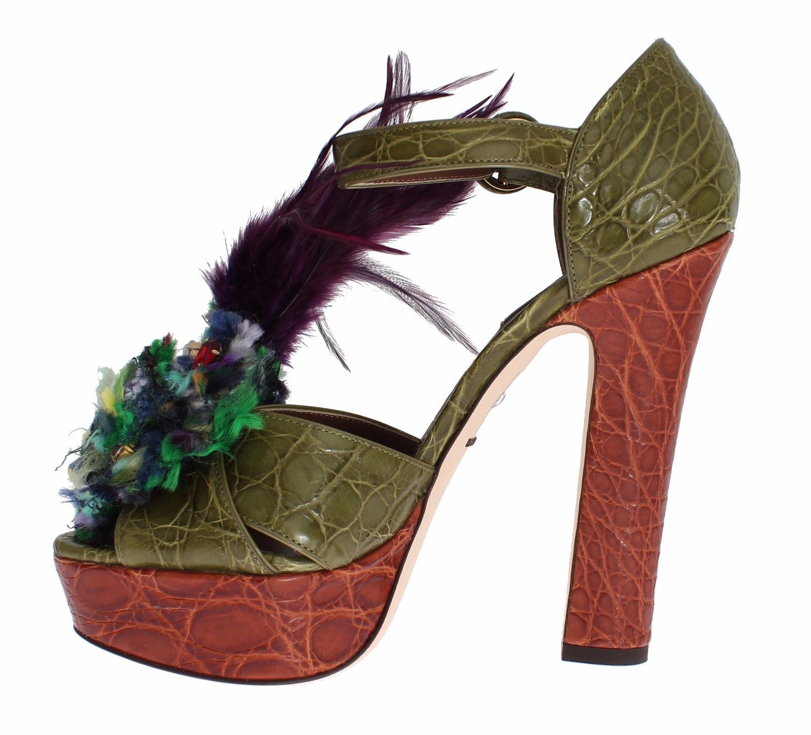 Chaussures sandales à plateforme en cuir vert et cristaux Dolce & Gabbana