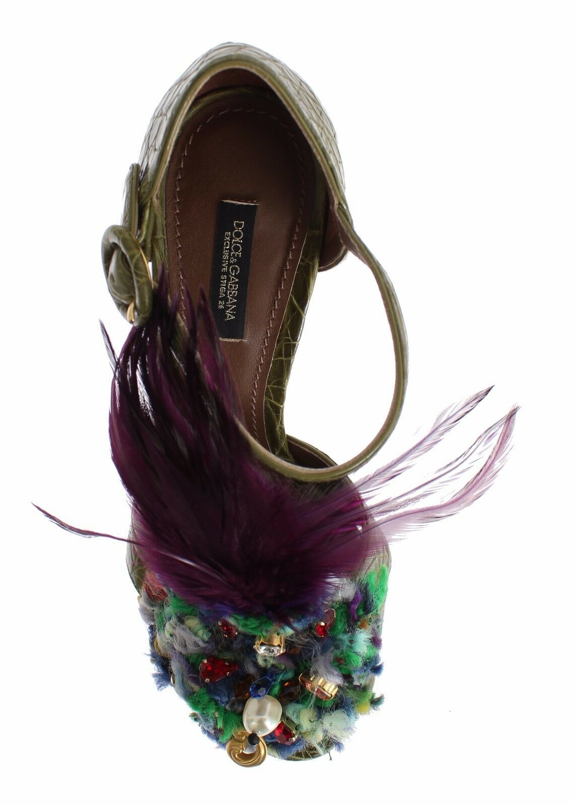 Chaussures sandales à plateforme en cuir vert et cristaux Dolce & Gabbana
