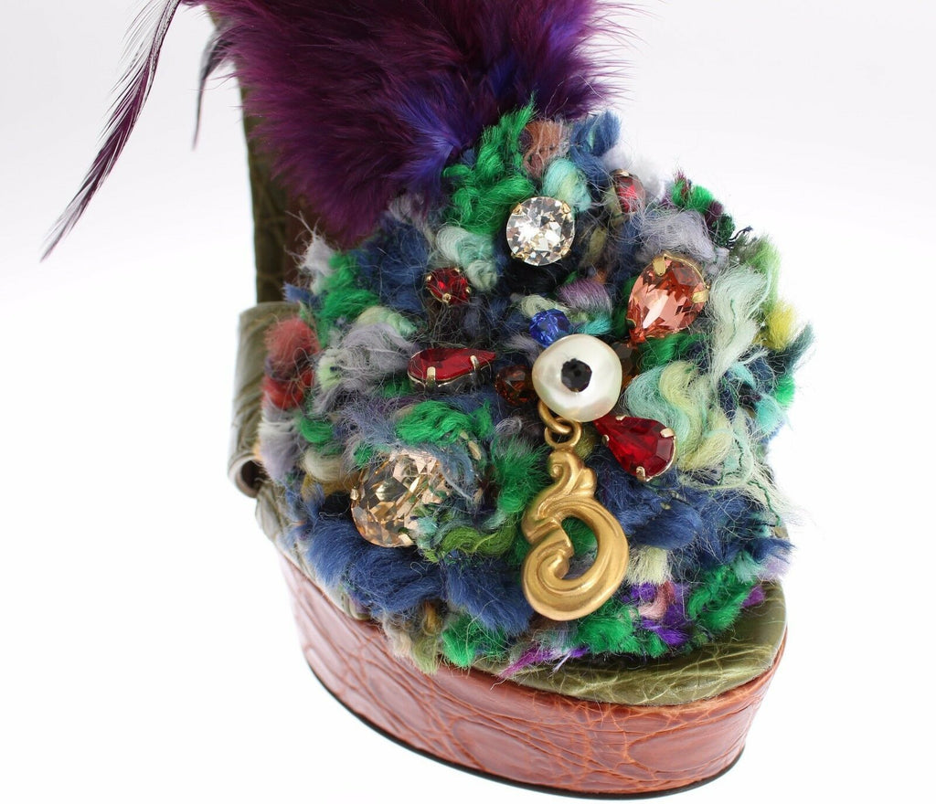 Chaussures sandales à plateforme en cuir vert et cristaux Dolce & Gabbana