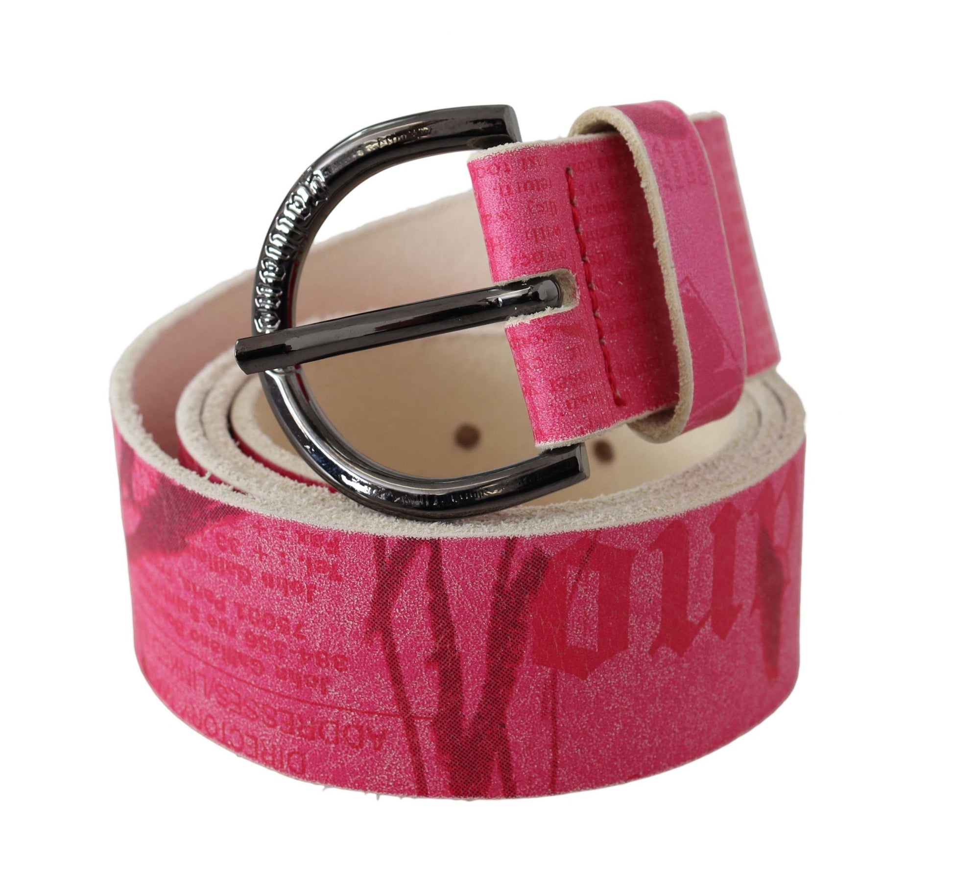 Ceinture John Galliano en cuir rose avec boucle ronde ornée du logo.