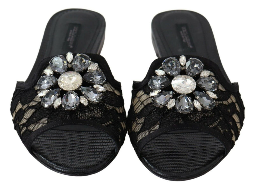 Dolce & Gabbana Claquettes en dentelle Taormina noires avec cristaux