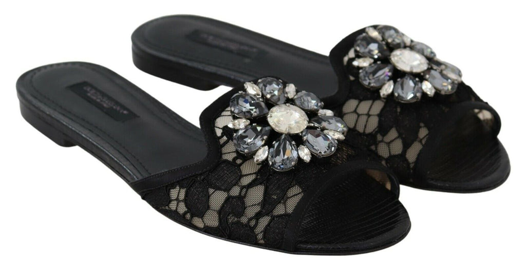 Dolce & Gabbana Claquettes en dentelle Taormina noires avec cristaux