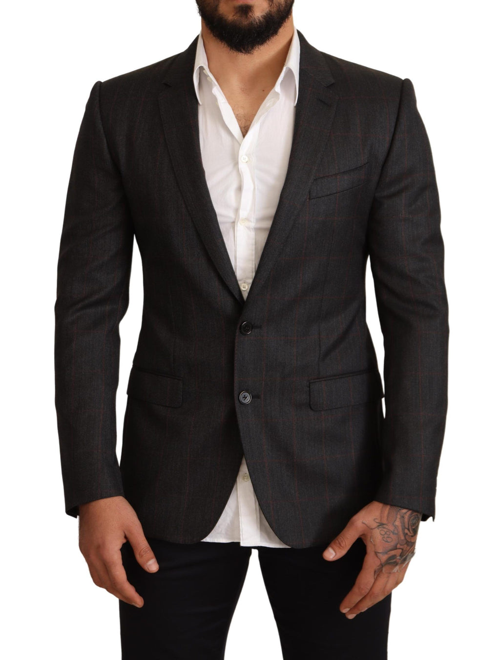 Veste de costume Dolce & Gabbana gris à carreaux en laine, coupe ajustée