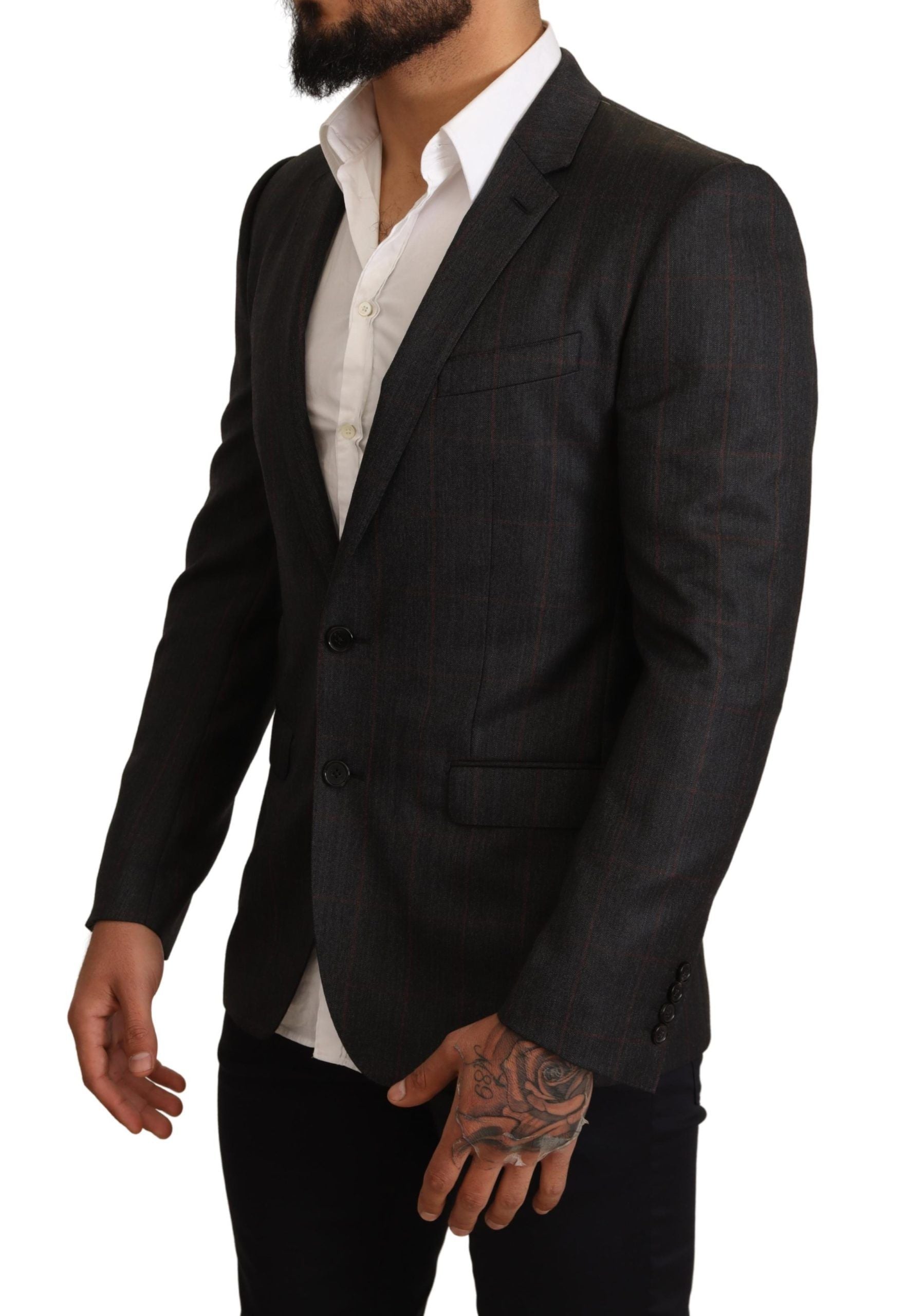 Veste de costume Dolce & Gabbana gris à carreaux en laine, coupe ajustée