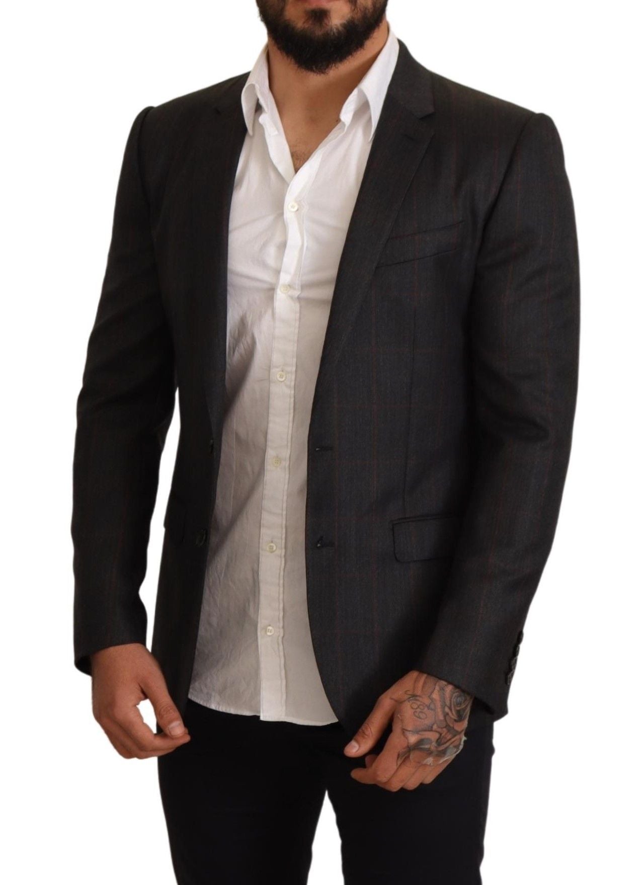 Veste de costume Dolce & Gabbana gris à carreaux en laine, coupe ajustée