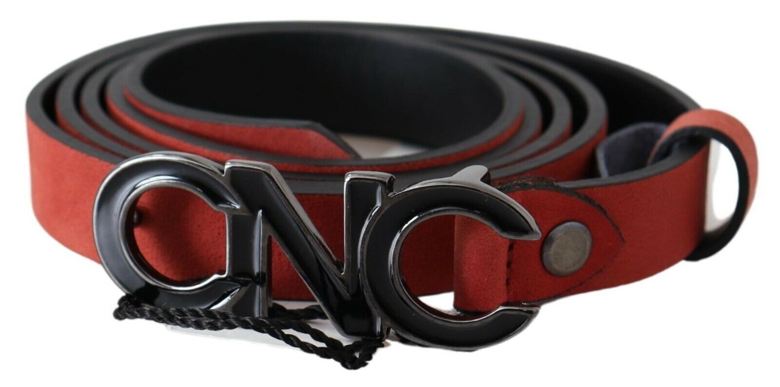 Costume National Ceinture Blood en cuir rouge et noir avec boucle logo noire