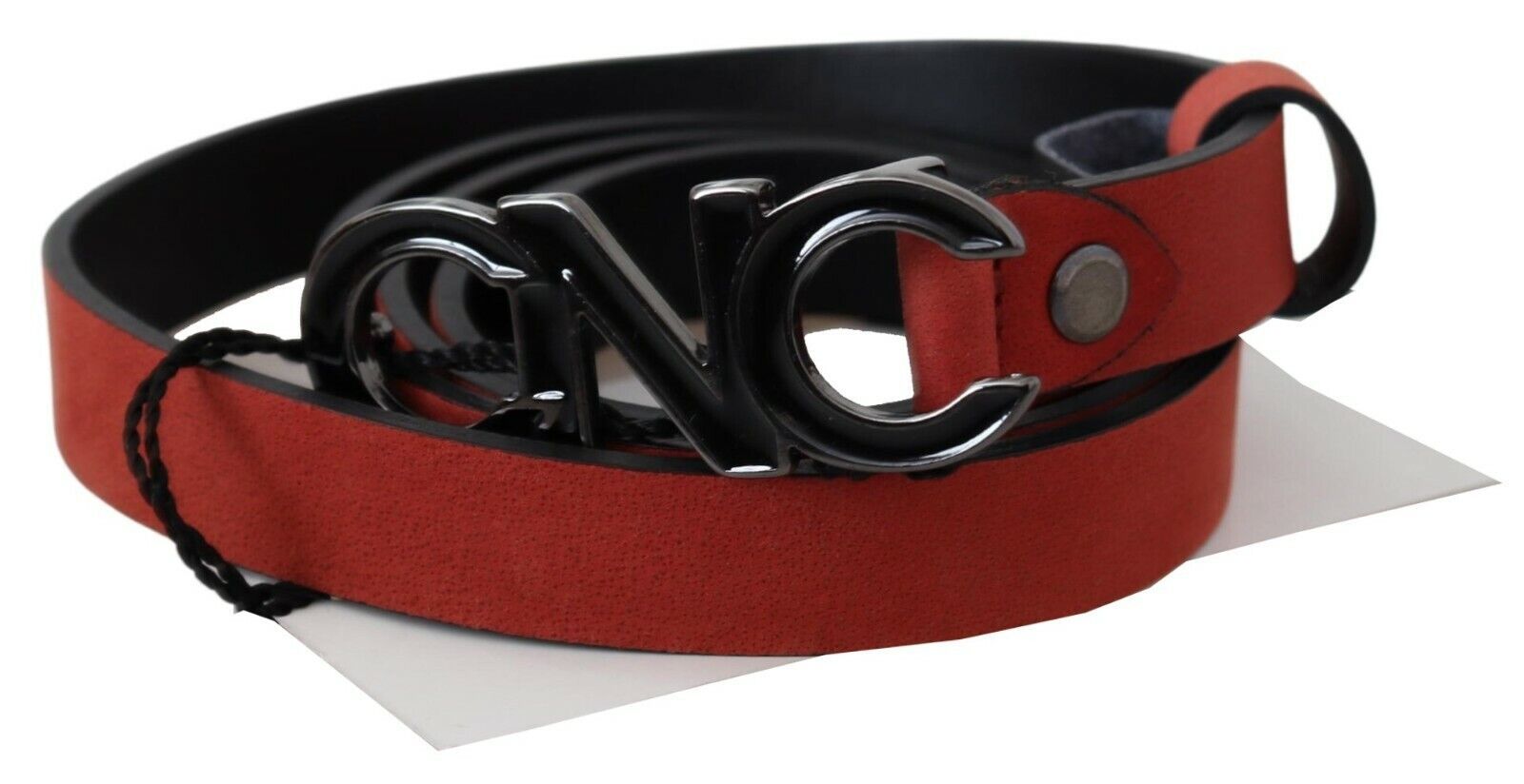 Costume National Ceinture Blood en cuir rouge et noir avec boucle logo noire