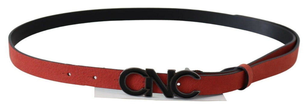Costume National Ceinture Blood en cuir rouge et noir avec boucle logo noire