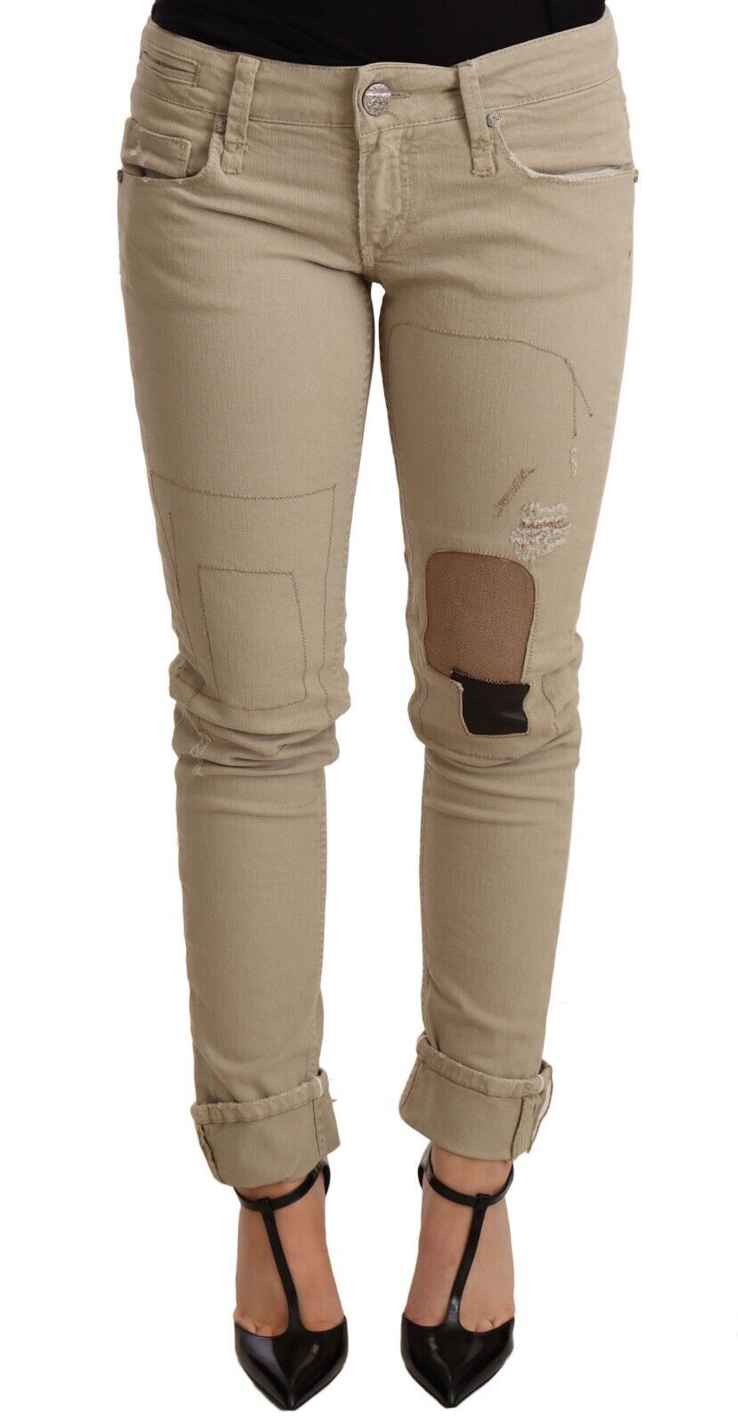 Acht – Schmal geschnittene, beigefarbene Denim-Hose mit Baumwollunterteil