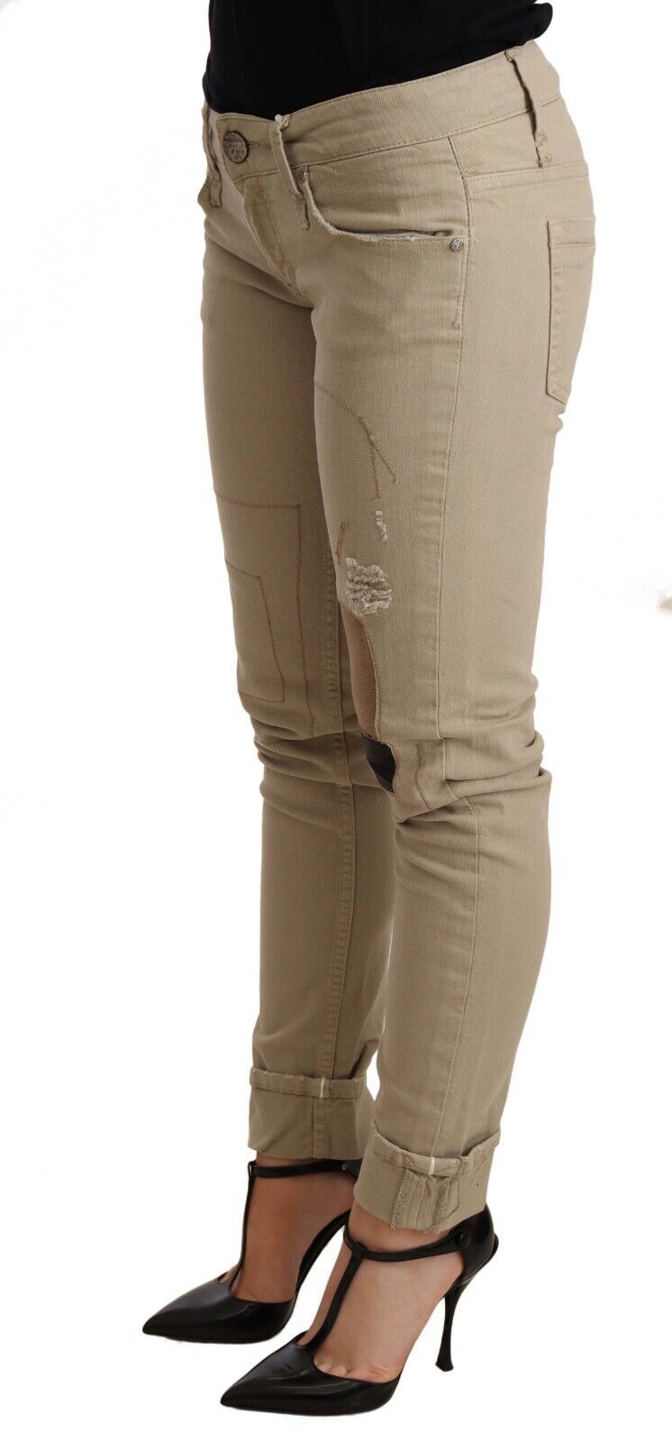 Acht – Schmal geschnittene, beigefarbene Denim-Hose mit Baumwollunterteil