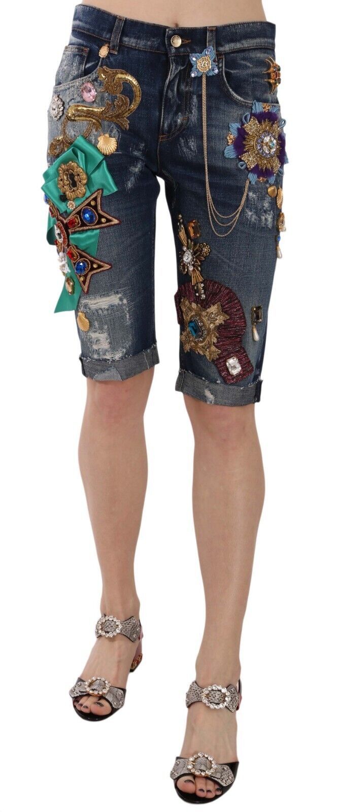 Short Capri mi-taille en jean bleu à cristaux Dolce & Gabbana
