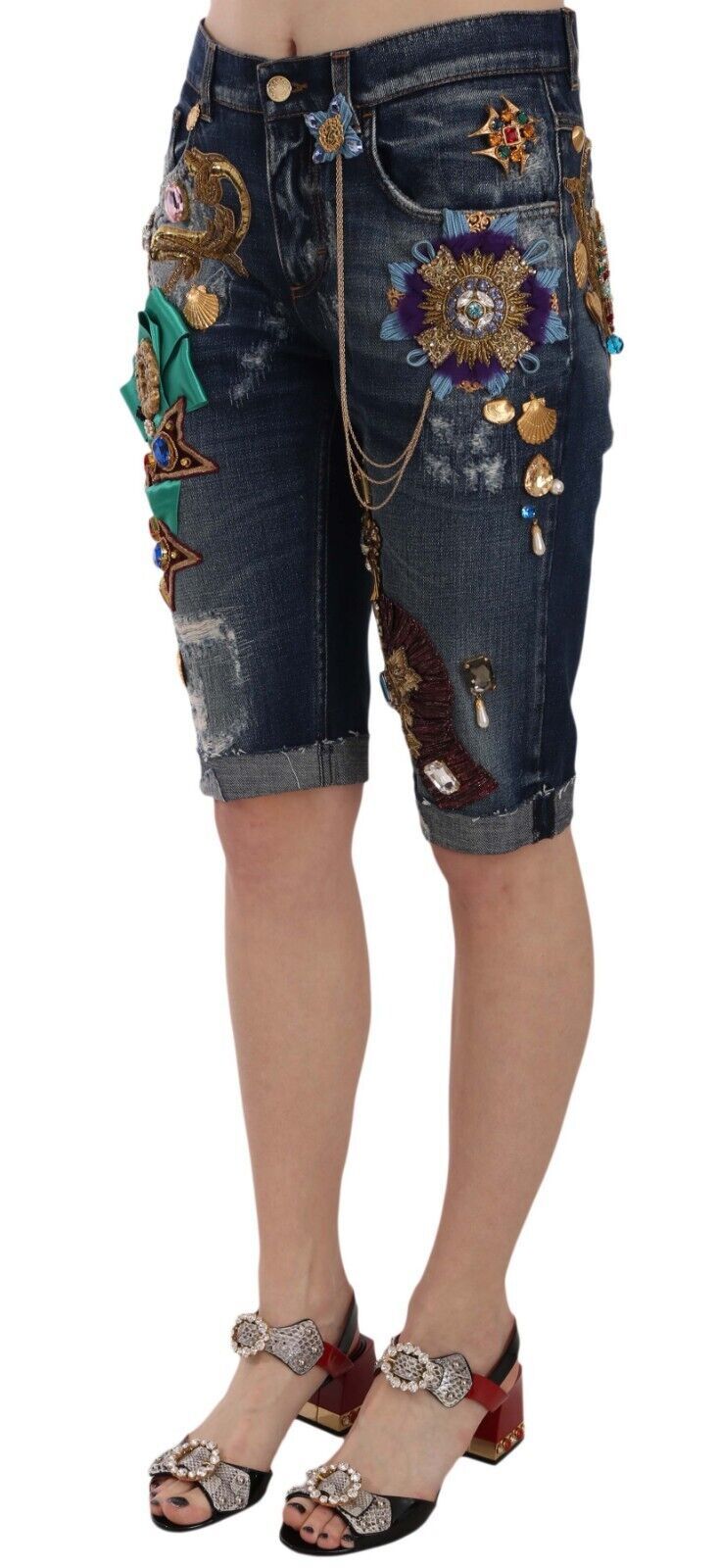 Short Capri mi-taille en jean bleu à cristaux Dolce & Gabbana