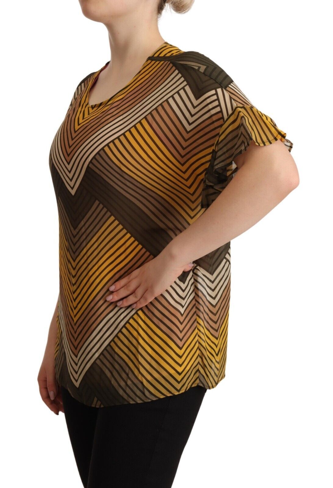 Twinset – Bluse mit mehrfarbigen Streifen und kurzen Ärmeln und Rundhalsausschnitt