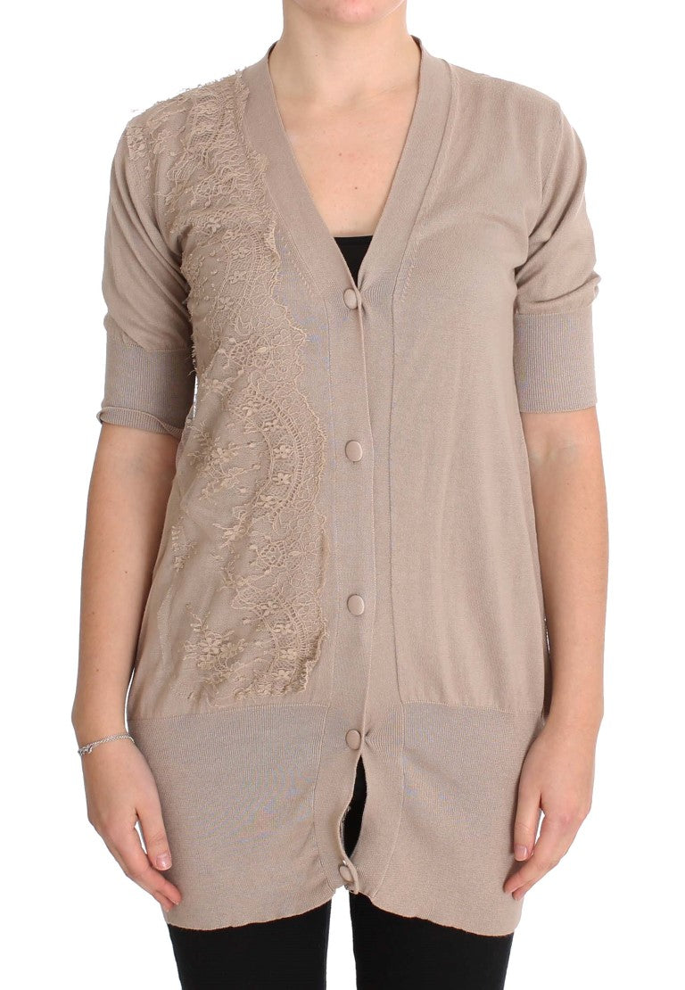 Gilet en tricot de coton et dentelle rose PINK MEMORIES