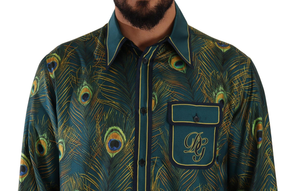 Chemise de pyjama homme en soie imprimé plumes de paon Dolce & Gabbana