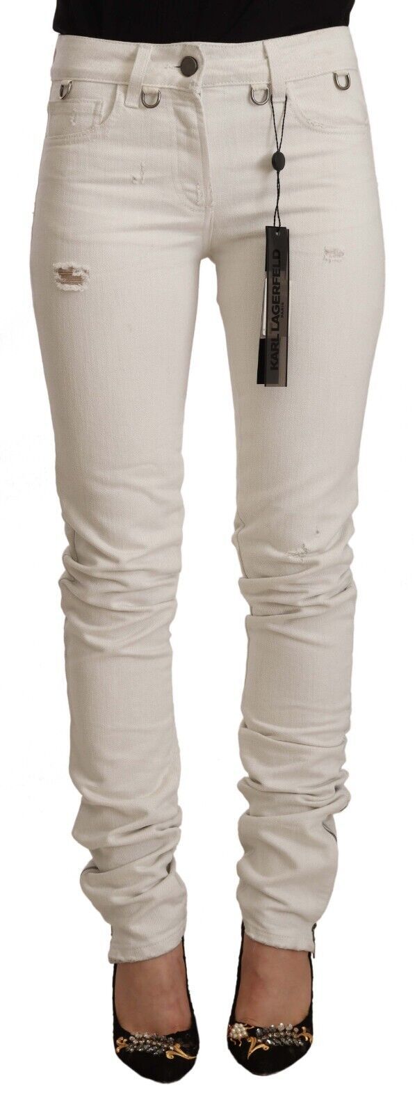 Jean slim en denim de coton blanc taille mi-haute Karl Lagerfeld
