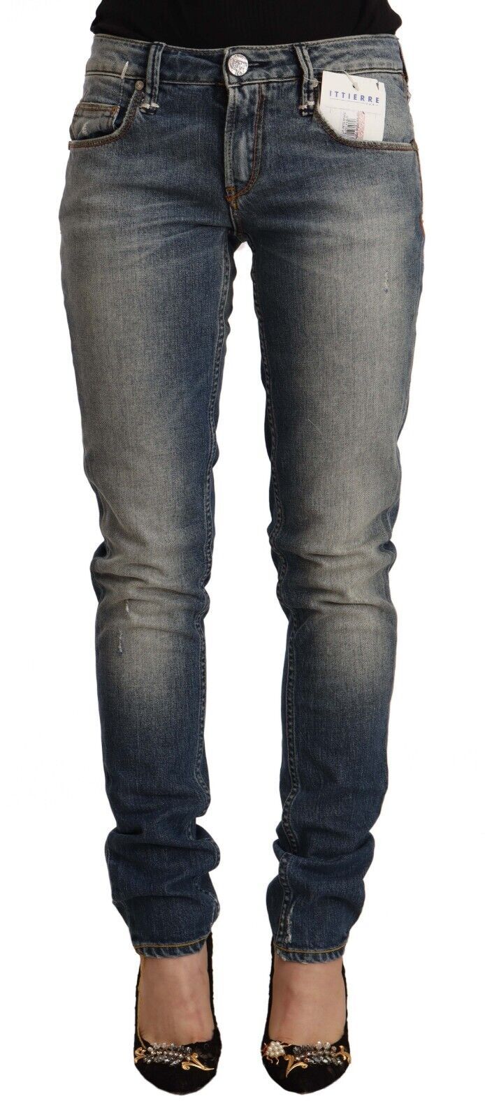 Jean skinny en denim délavé bleu à taille mi-haute Acht en coton