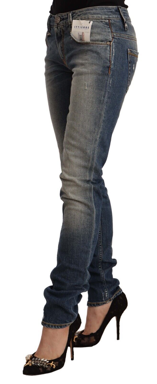 Jean skinny en denim délavé bleu à taille mi-haute Acht en coton