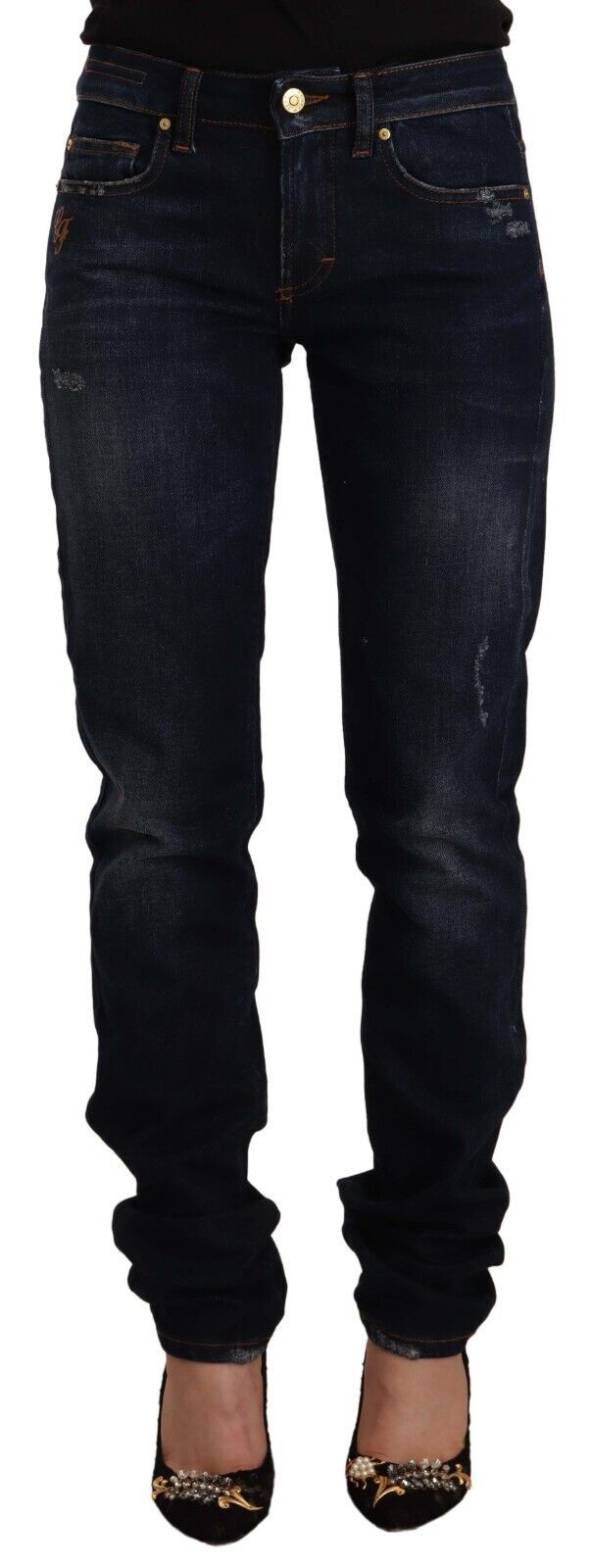 Jean slim GF Ferre en jean de coton délavé bleu foncé taille mi-haute