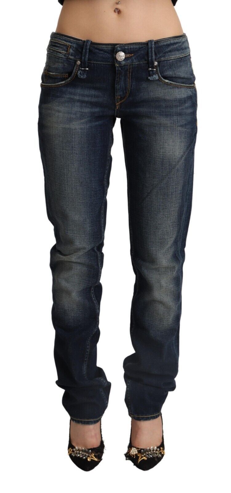 Jean skinny taille basse en denim Acht bleu foncé délavé