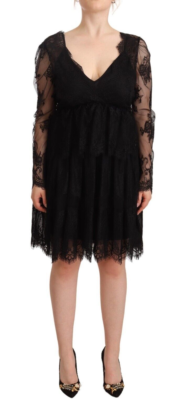 Robe Trapèze Aniye By en Coton Noir à Dentelle Florale, Manches Longues et Col V